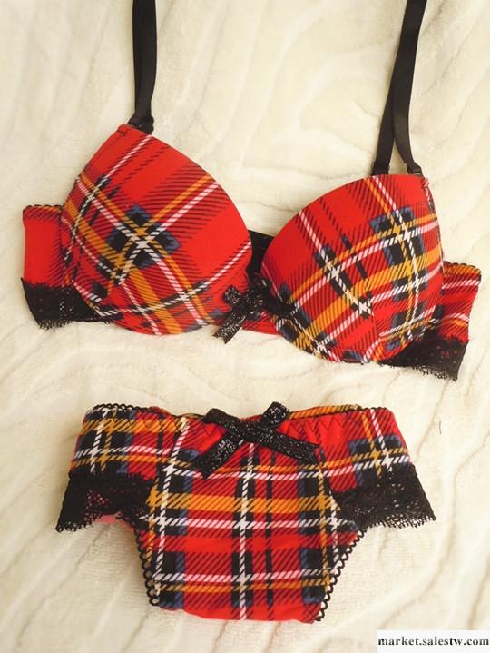 供應少女日系文胸套裝 復古格子蕾絲邊 內衣聚攏文胸工廠,批發,進口,代購