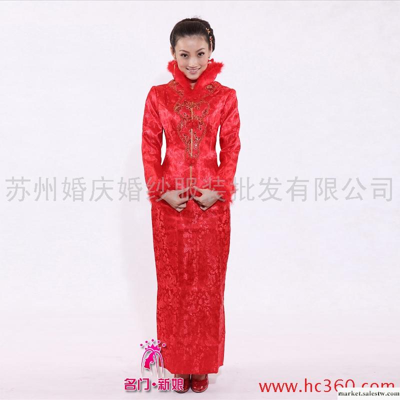名門新娘婚紗禮服 冬裝2012新款 長袖旗袍 棉 新娘旗袍 冬季 602工廠,批發,進口,代購