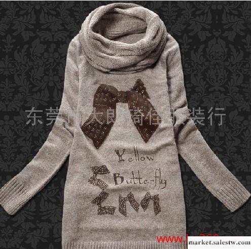 供應2011秋裝新款韓版蝴蝶結毛衣 女 中長款 圓領圖案彈力寬松 送圍脖工廠,批發,進口,代購