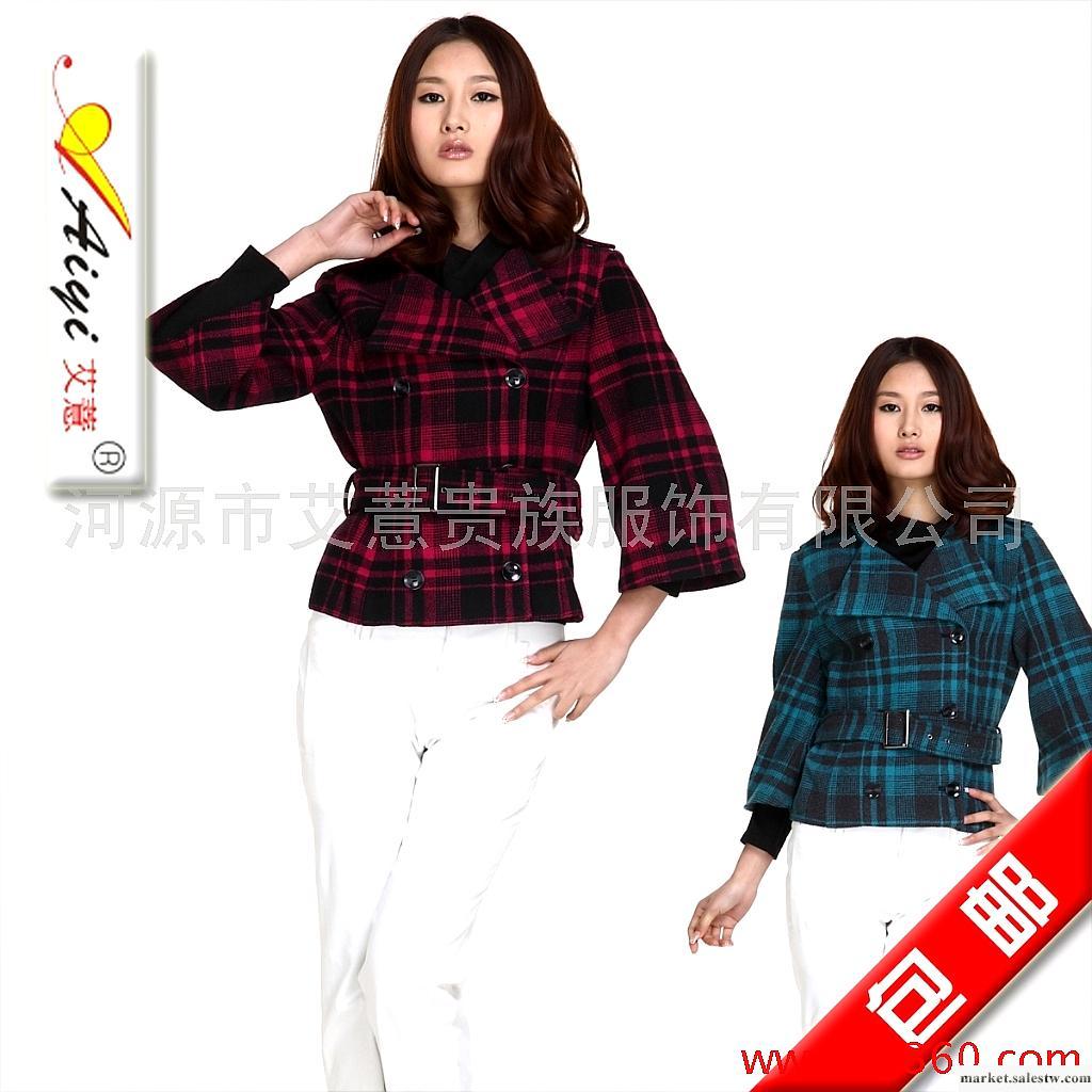 供應【艾薏Aiyi】時尚伊人七分袖雙排扣女士短裝格子呢外套0W007工廠,批發,進口,代購