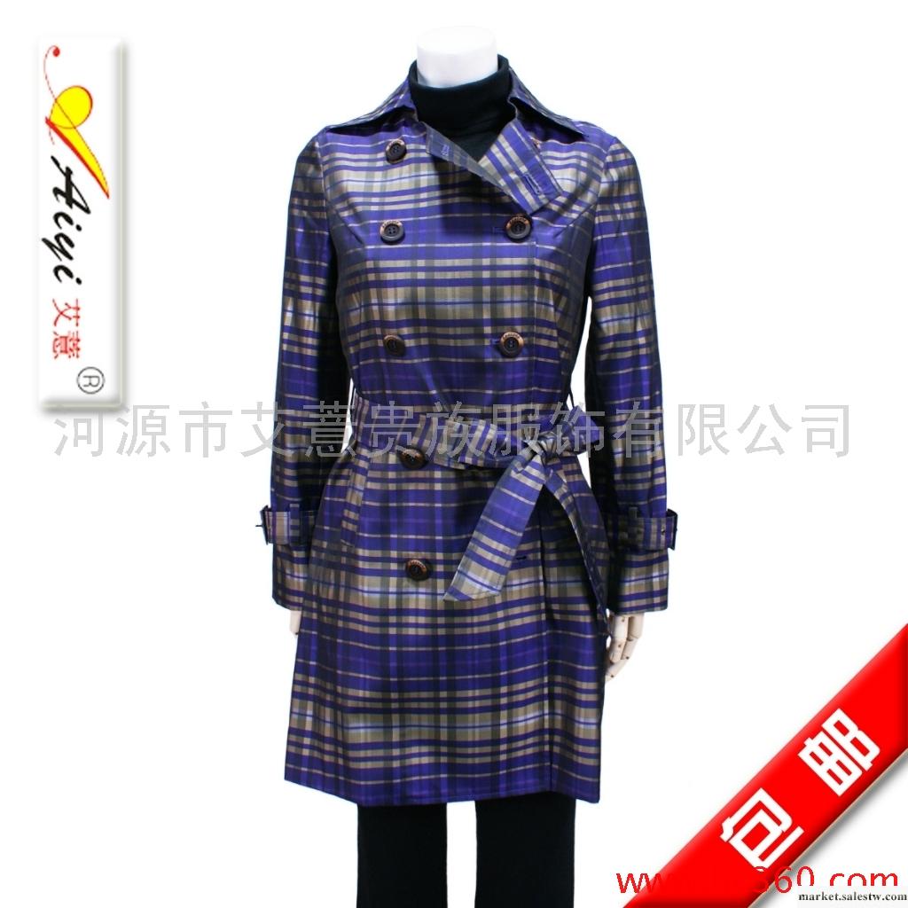 供應【艾薏Aiyi】混批春秋裝 英倫格子雙排扣配腰帶長款風衣外套0C002工廠,批發,進口,代購