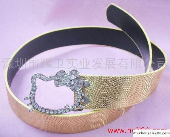 Hello Kitty貓頭扣皮帶 腰帶 金色細格紋款0123工廠,批發,進口,代購