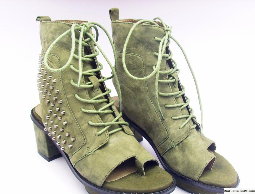 2012年春季新款女鞋歐美時尚粗跟鉚釘真皮高幫系帶女士單鞋工廠,批發,進口,代購