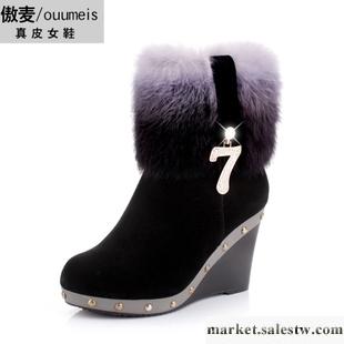 供應傲麥兔毛新款冬女鞋坡跟短靴 女雪地靴子 棉鞋厚底真皮女靴裸靴工廠,批發,進口,代購