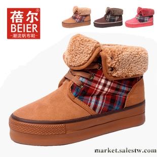 供應蓓爾雪地靴 冬新款棉鞋女鞋保暖格子色拼休閑厚底松糕鞋短靴工廠,批發,進口,代購