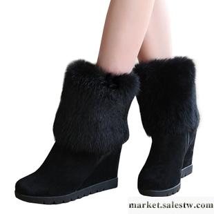供應2012秋冬季新款真皮女鞋坡跟厚底兔毛時尚短靴雪地靴子毛毛靴女靴工廠,批發,進口,代購