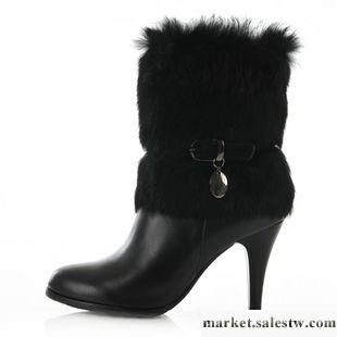 供應冬季OL時尚兔毛真皮短靴牛皮高跟馬丁女鞋靴子工廠,批發,進口,代購