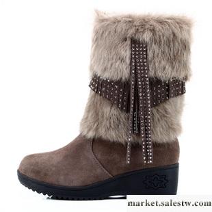 供應時尚女鞋新款磨砂牛皮中筒雪地靴 水鉆流蘇兔毛坡跟靴子短靴工廠,批發,進口,代購