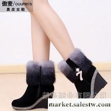 供應傲麥兔毛新款冬女鞋坡跟短靴 女雪地靴子 棉鞋厚底真皮女靴裸靴工廠,批發,進口,代購
