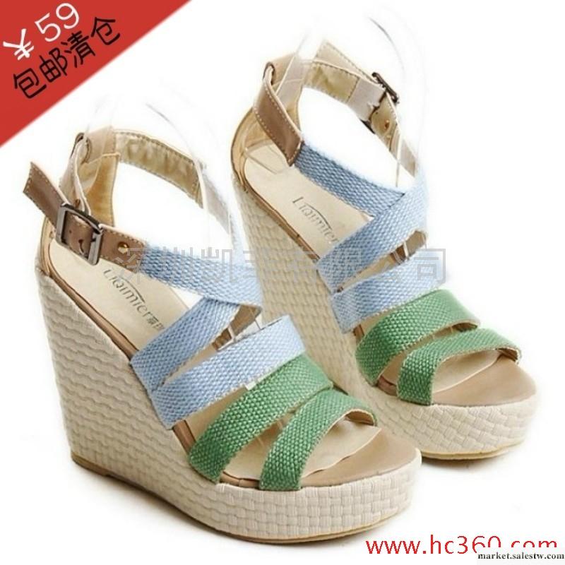 包郵~新款松糕坡跟涼鞋 羅馬魚嘴防水臺高跟涼鞋草編厚底女鞋工廠,批發,進口,代購