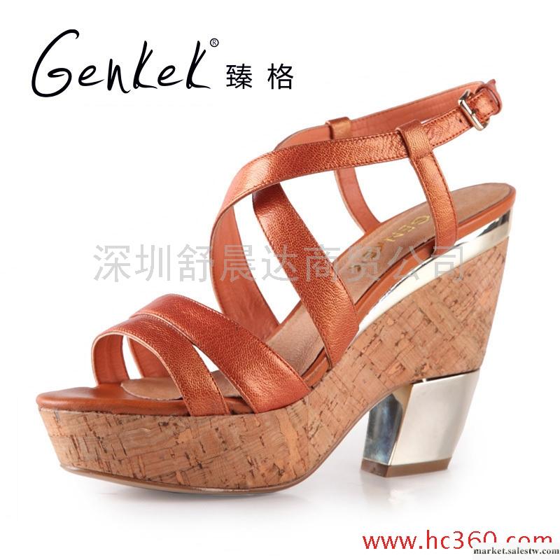 臻格 夏季羊皮木紋厚底防水臺粗跟涼鞋 高跟女鞋工廠,批發,進口,代購