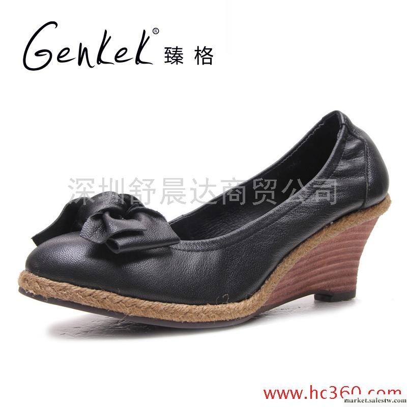 臻格 時尚單鞋編織跟圓頭羊皮蝴蝶結坡跟女鞋工廠,批發,進口,代購