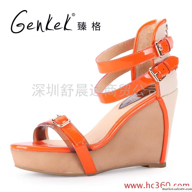 臻格 全真皮歐美流行坡跟金屬扣露趾時尚涼鞋女鞋工廠,批發,進口,代購