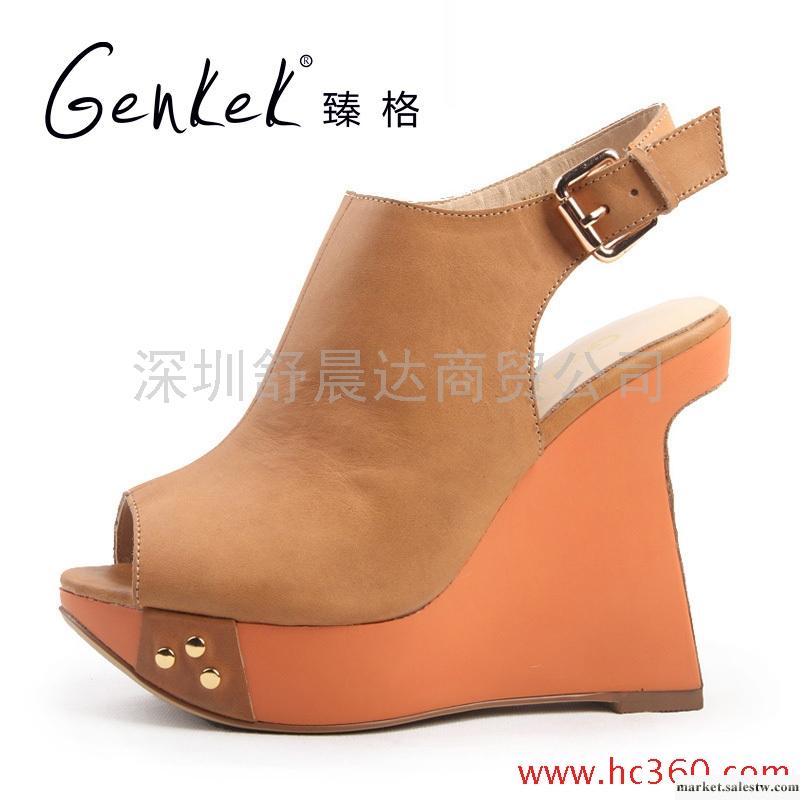 臻格2012新品全真皮高跟坡跟魚嘴鉚釘時尚涼鞋女鞋工廠,批發,進口,代購
