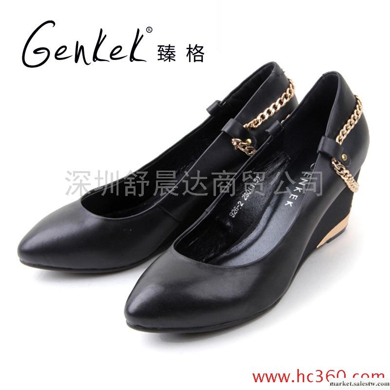 臻格 時尚坡跟尖頭吊鏈胎牛皮淺口單鞋女鞋工廠,批發,進口,代購