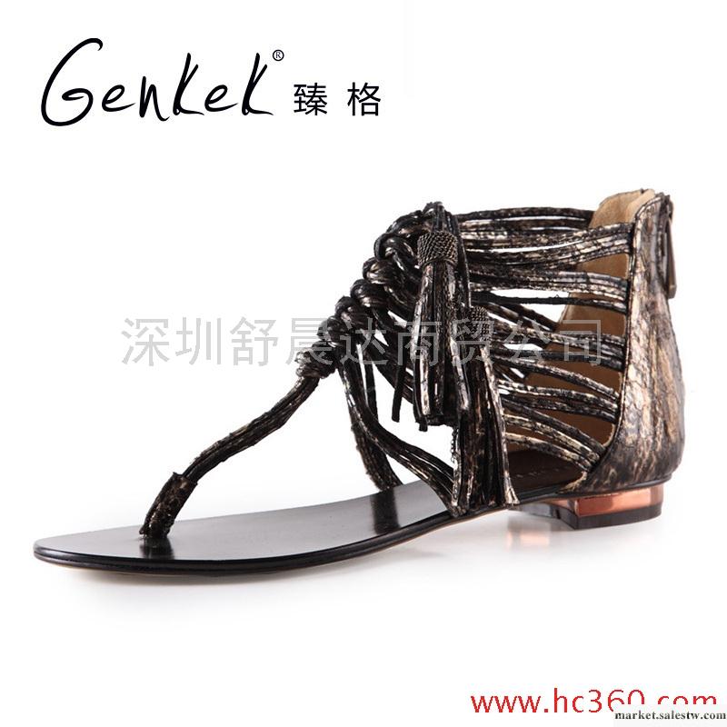 臻格 夏款羊皮手工編結電鍍金屬平底夾趾涼鞋女鞋工廠,批發,進口,代購