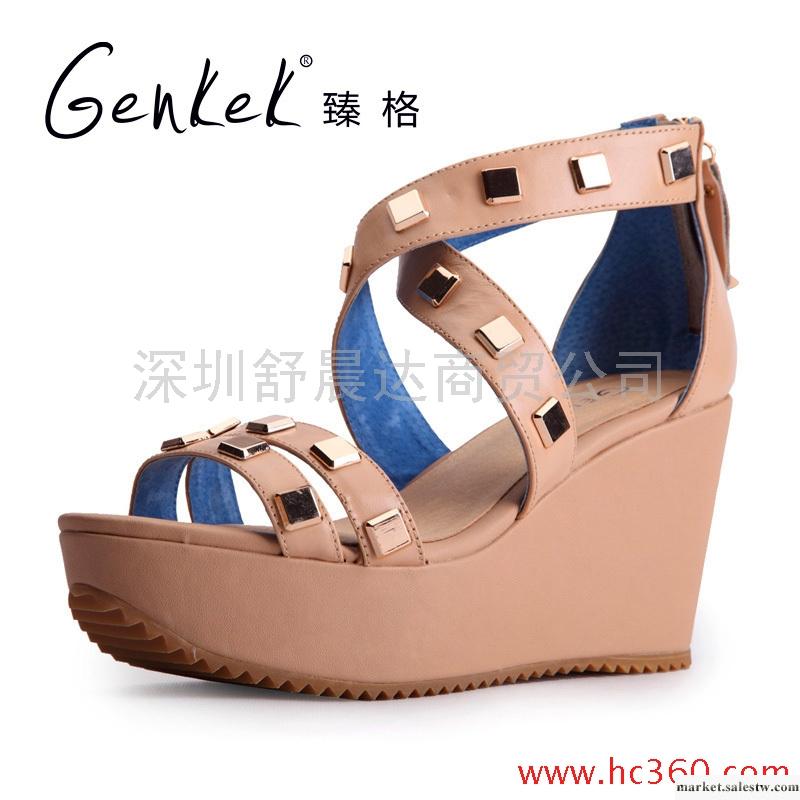 臻格 時尚羅馬坡跟防水臺鉚釘露趾涼鞋真皮女鞋工廠,批發,進口,代購