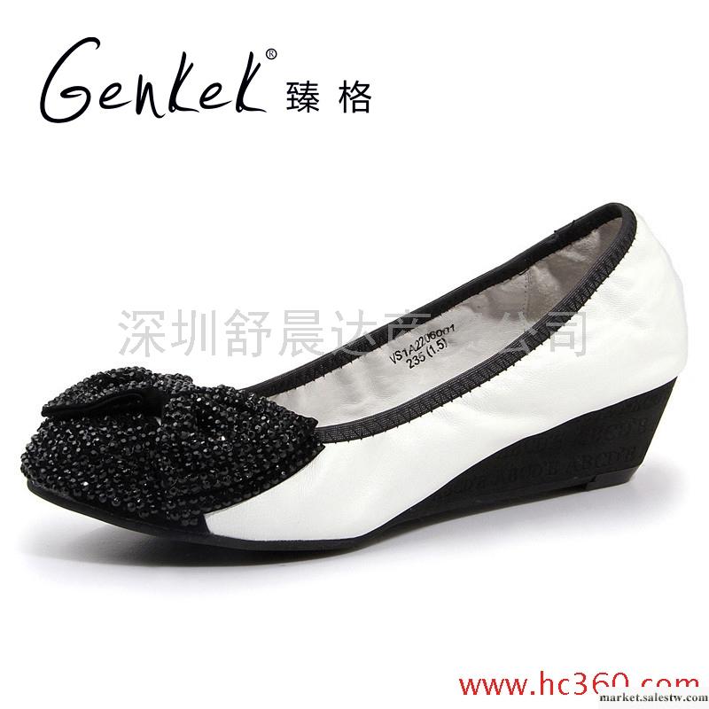 臻格 全羊皮蝴蝶結捷克水鉆坡跟單鞋女鞋工廠,批發,進口,代購