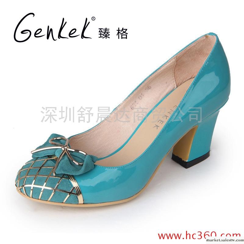 臻格 時尚新款單鞋牛漆皮蝴蝶結圓頭粗跟裸色女鞋工廠,批發,進口,代購