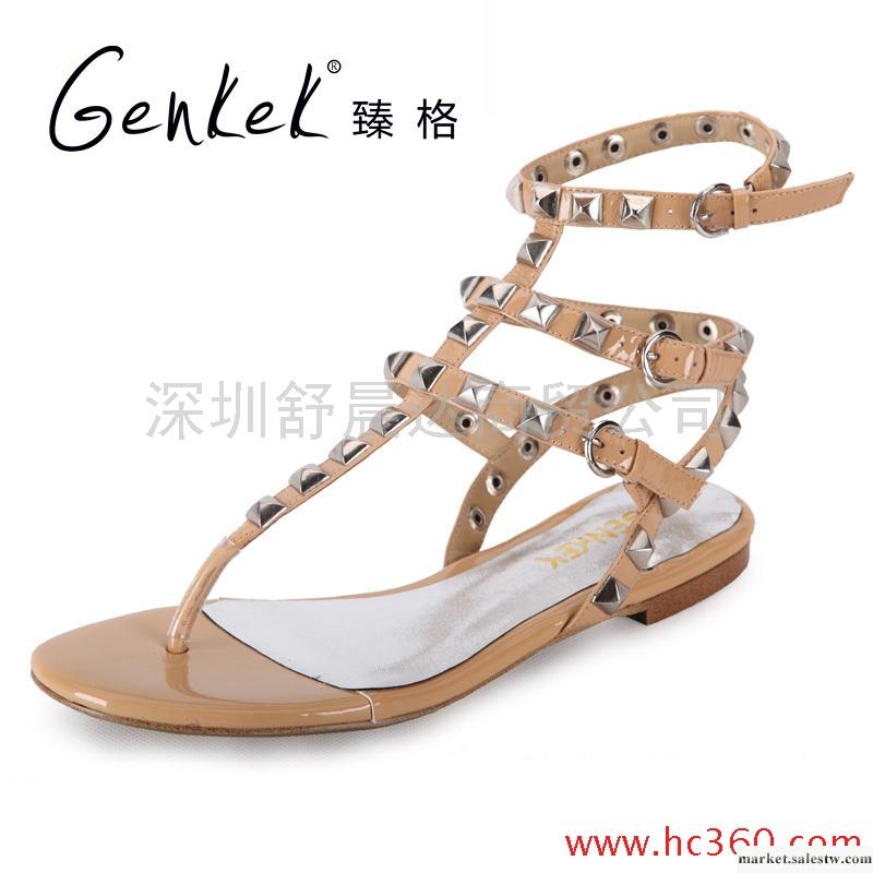 臻格 夏季涼鞋羅馬全牛皮鉚釘鉆扣平跟時尚女鞋工廠,批發,進口,代購