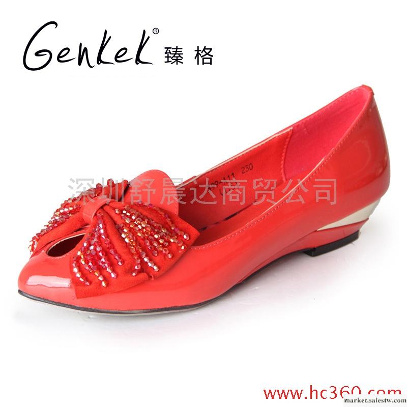 臻格 全真皮蝴蝶結串珠尖頭淺口坡跟單鞋女鞋工廠,批發,進口,代購