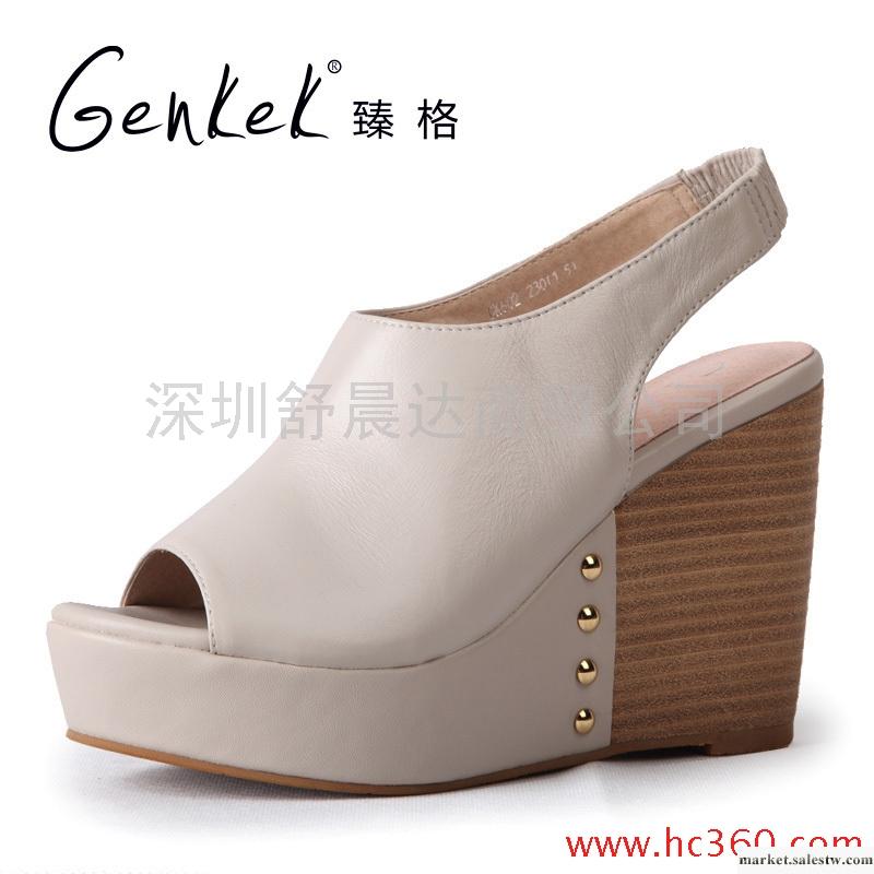 臻格 2012新品全真皮鉚釘坡跟魚嘴時尚涼鞋女鞋工廠,批發,進口,代購