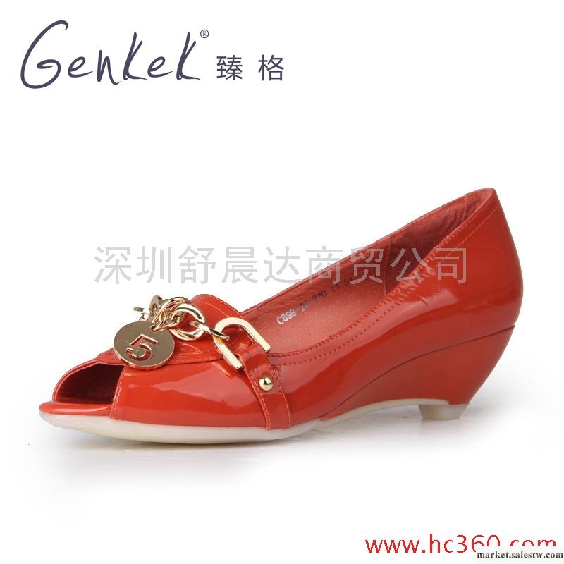 臻格 時尚單鞋牛漆皮坡跟魚嘴糖果亮鉆真皮女鞋工廠,批發,進口,代購