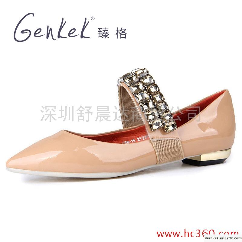 臻格 歐美牛漆皮金屬裝飾水鉆淺口平跟單鞋女鞋工廠,批發,進口,代購
