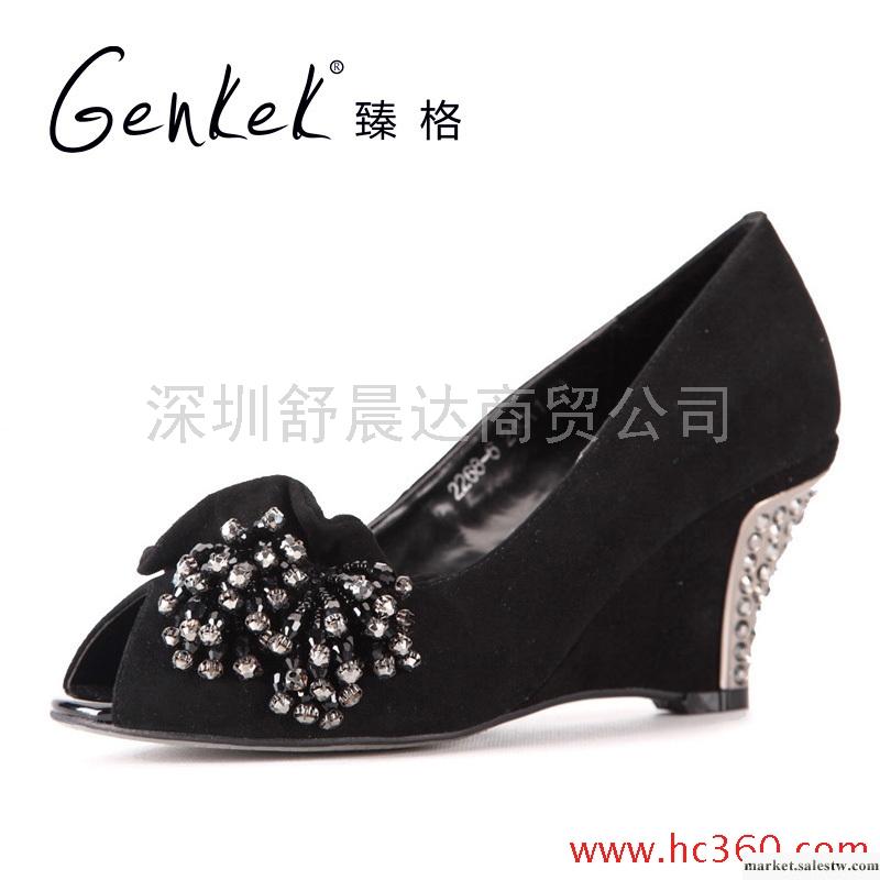 臻格 春夏全羊皮坡跟魚嘴亮鉆時尚涼鞋女鞋工廠,批發,進口,代購