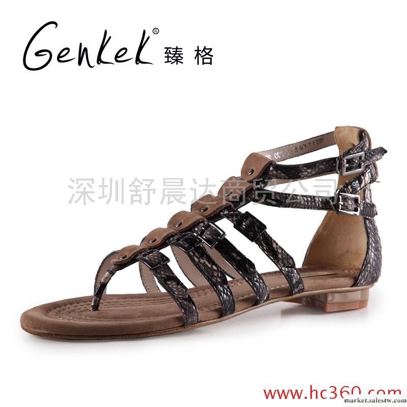 臻格 夏款羅馬風鉚釘蛇紋全羊皮平底夾趾涼鞋女鞋工廠,批發,進口,代購