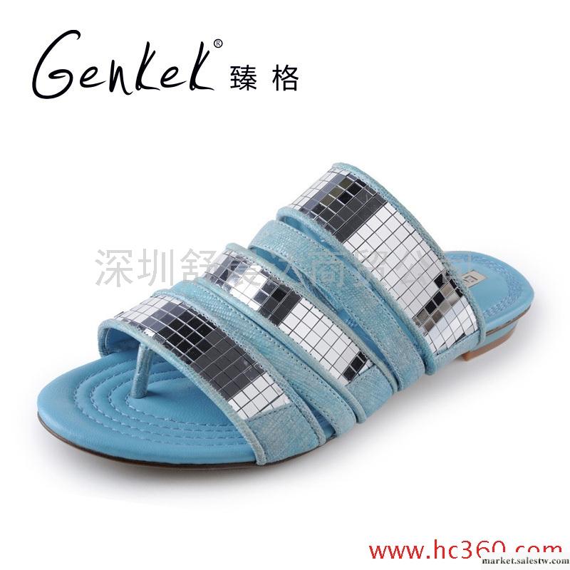 臻格 春夏全羊皮時尚亮片夾趾平底涼鞋真皮女鞋工廠,批發,進口,代購