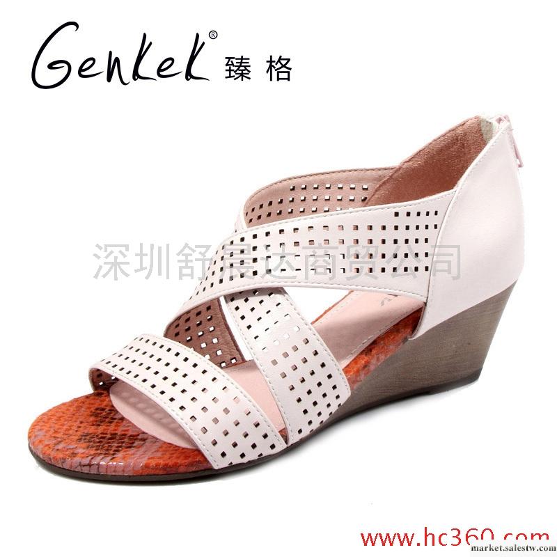 臻格 休閑鏤空全羊皮坡跟露趾涼鞋夏款女鞋工廠,批發,進口,代購