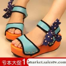 限量夏季新款 韓版魚嘴蝴蝶結拼色鉚釘系帶厚底松糕坡跟女鞋 涼鞋工廠,批發,進口,代購