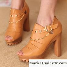 2012新款歐美英倫風涼鞋時尚優雅金屬裝飾鉚釘粗跟超高跟魚嘴女鞋工廠,批發,進口,代購