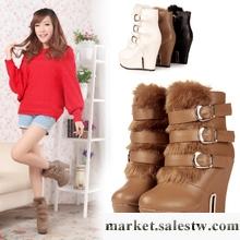 2012新款秋季歐美坡跟厚底高跟鞋防水臺皮帶扣仿兔毛百搭短靴女鞋工廠,批發,進口,代購