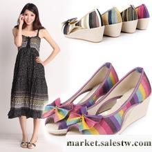 2012春夏新款 韓版復古魚嘴立體蝴蝶結條紋坡跟舒適透氣女鞋 涼鞋工廠,批發,進口,代購