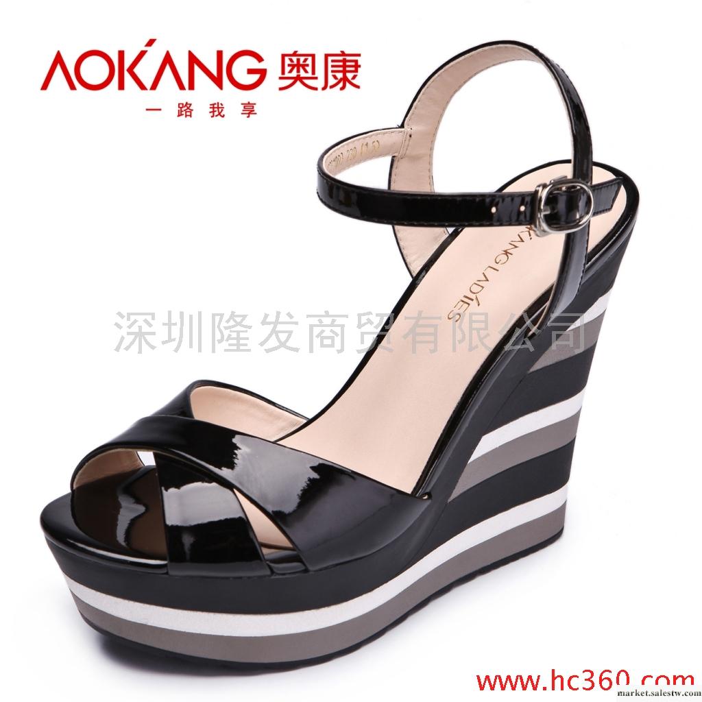 奧康 夏季女鞋 性感高跟 高級牛漆皮厚底條紋坡跟防水臺涼鞋1093工廠,批發,進口,代購