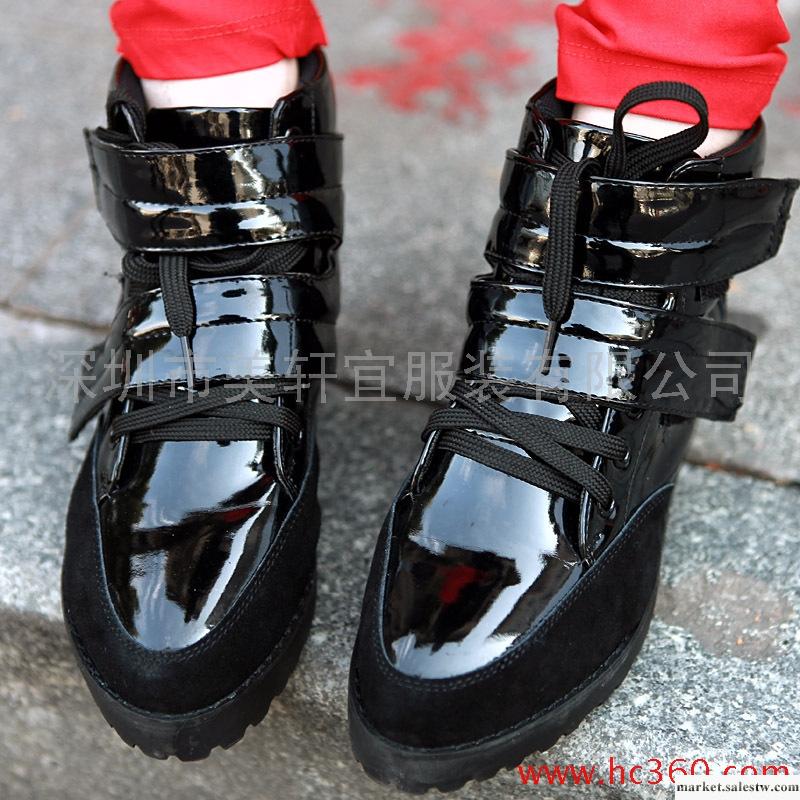 清】漆皮磨砂皮拼接綁帶短靴子裸靴漆皮馬丁靴魔術貼厚底鞋女鞋工廠,批發,進口,代購