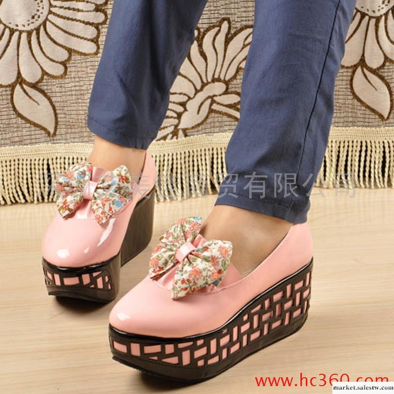 春秋新款韓版甜美拼色松糕底亮麗漆皮單鞋坡跟厚底碎花蝴蝶結女鞋工廠,批發,進口,代購