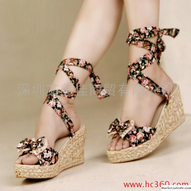2012新款涼鞋田園風碎花風情蝴蝶結綁帶防水臺草 編坡跟涼鞋 女鞋工廠,批發,進口,代購