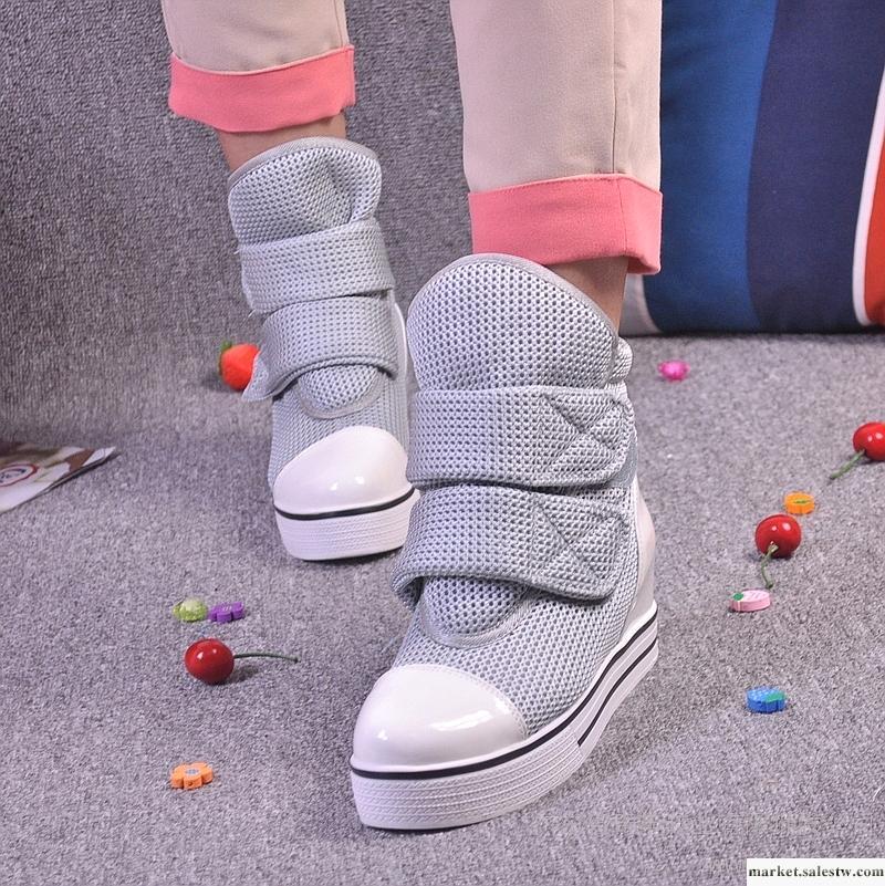 韓版網布鏤空高幫鞋松糕底內增高女鞋厚底鞋平跟女鞋休閑透氣女鞋工廠,批發,進口,代購