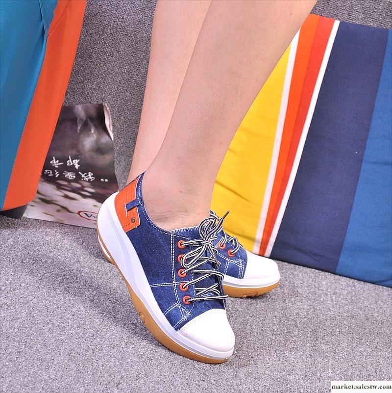 新款秋季低幫牛仔布厚底內增高松糕搖搖鞋系帶減肥鞋瘦身休閑女鞋工廠,批發,進口,代購