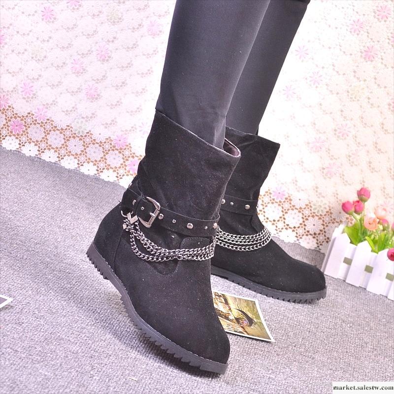 秋冬新款女鞋韓版短靴 圓頭金屬鏈子皮帶扣內增高休閑女靴子女鞋工廠,批發,進口,代購