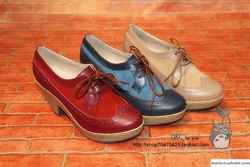 天美意2012秋冬新款真皮磨砂皮拼色系帶時尚粗高跟防水臺女鞋工廠,批發,進口,代購