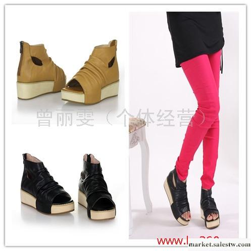 2012新款百麗正品 羊皮平底厚底松糕魚嘴涼靴女鞋 K5T1D工廠,批發,進口,代購