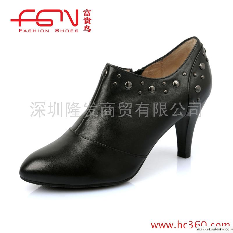 富貴鳥秋冬新品羊皮女士靴子鉚釘側拉鏈高跟女鞋H148708K工廠,批發,進口,代購