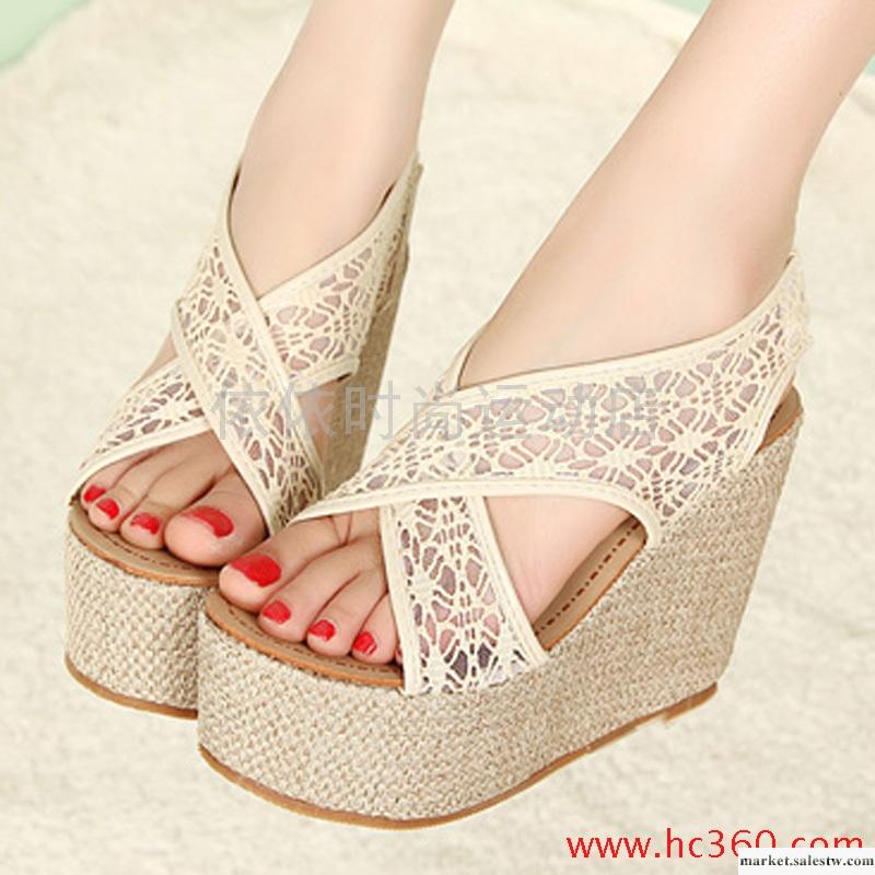 2012夏季新款女鞋 蕾絲網面細帶交叉羅馬鞋 防水臺厚底坡跟涼鞋子工廠,批發,進口,代購