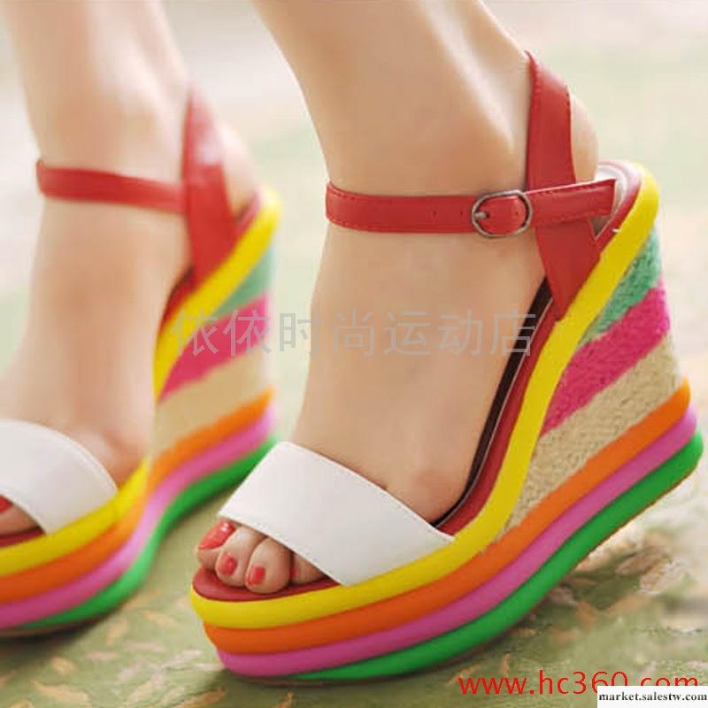 包郵 美腳一字條紋撞色防水臺厚底坡跟涼鞋子 2012夏季新款女鞋工廠,批發,進口,代購