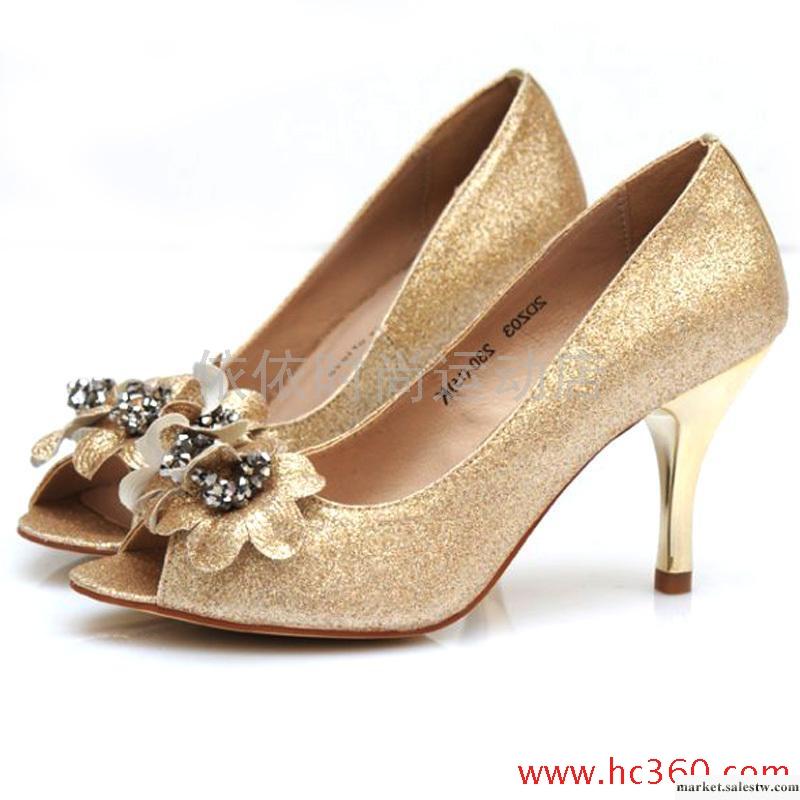 甜美水鉆花朵高跟單鞋子淺口鞋 細跟魚嘴鞋 燙金色宴會鞋婚鞋女鞋工廠,批發,進口,代購