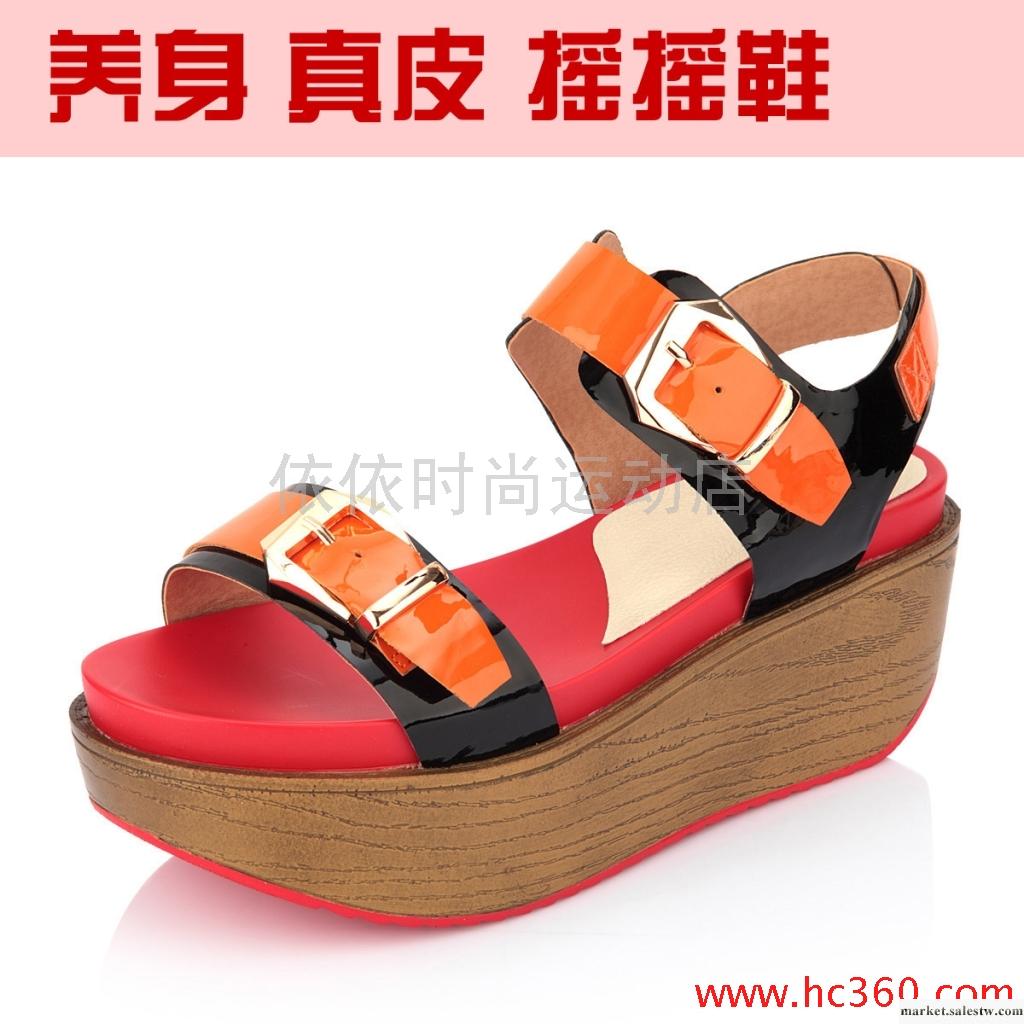 健身搖搖鞋★牛漆皮帶扣一字拼色厚底涼鞋子 木紋松糕鞋 平跟女鞋工廠,批發,進口,代購